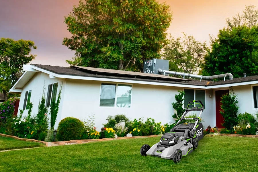 self-propelled electric lawn mower with battery and charger